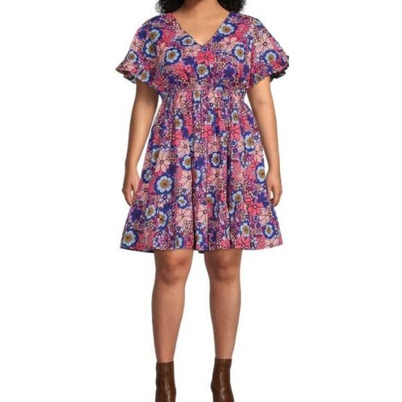 Terra & Sky Retro Floral/Lilac Bud Tiered Ruffle Midi Dress Plus Size 4x New - Picture 1 of 4